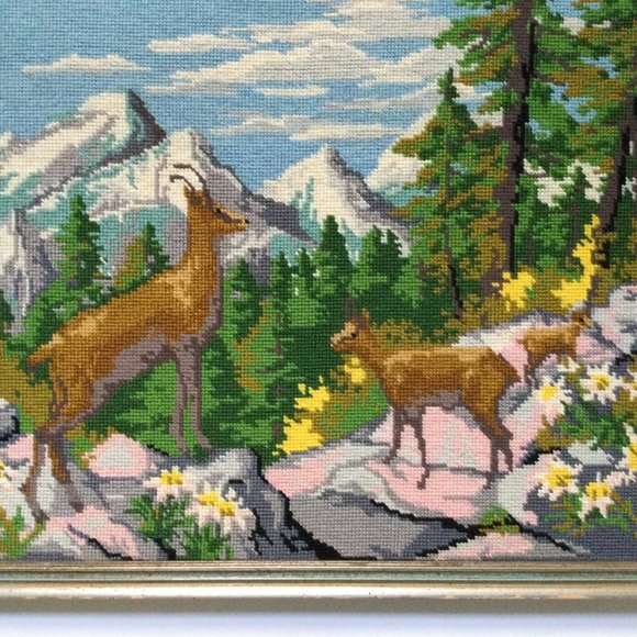 Beautiful needlework needle art deer in forest professional framed - Picture 3 of 5
